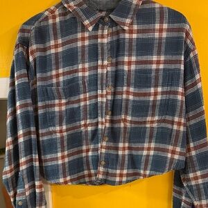 Blue and Red cropped Plaid Button-Up Shirt